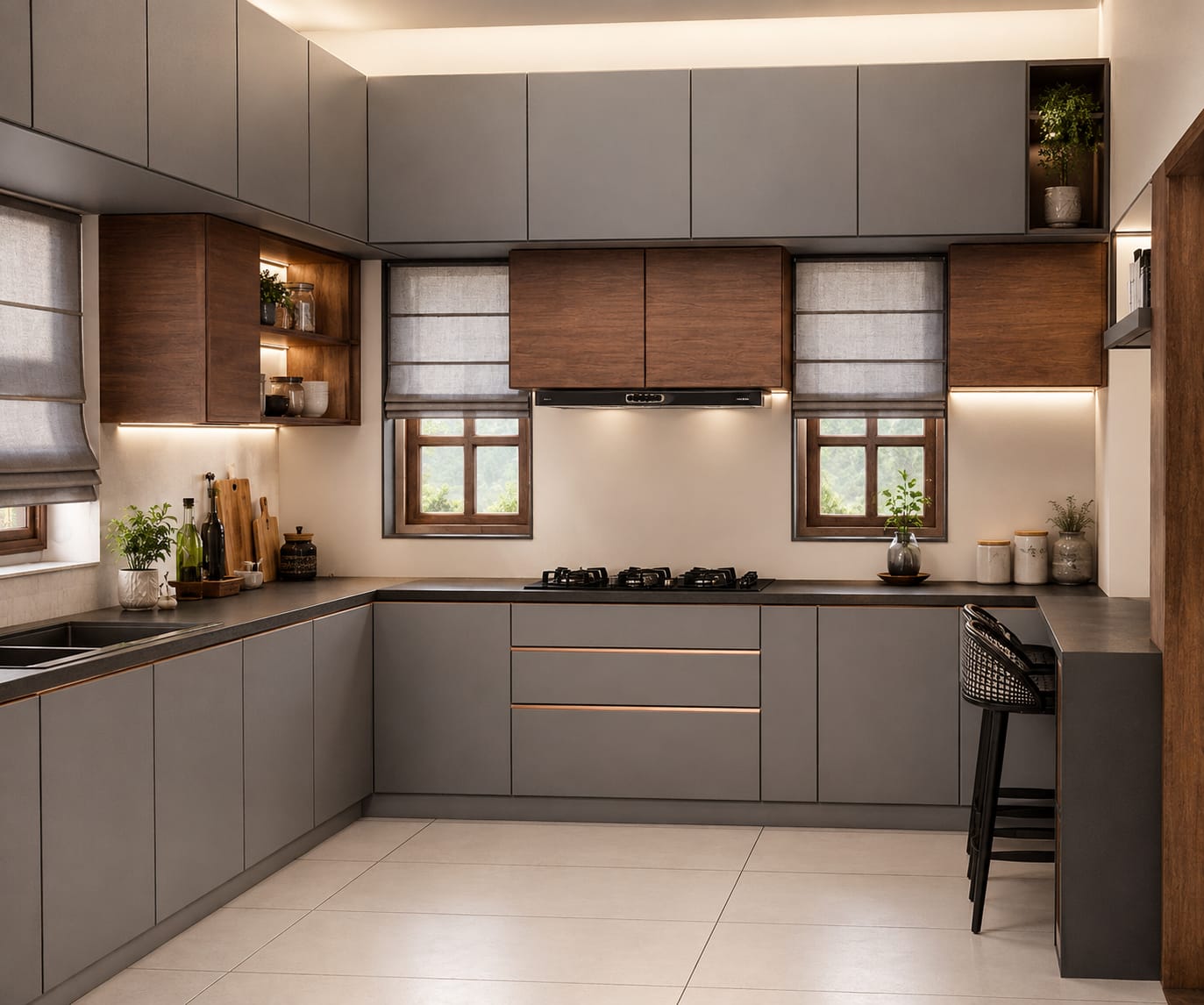 L-shaped Modular Kitchen Grey Matte Finish by Nuvra Interiors